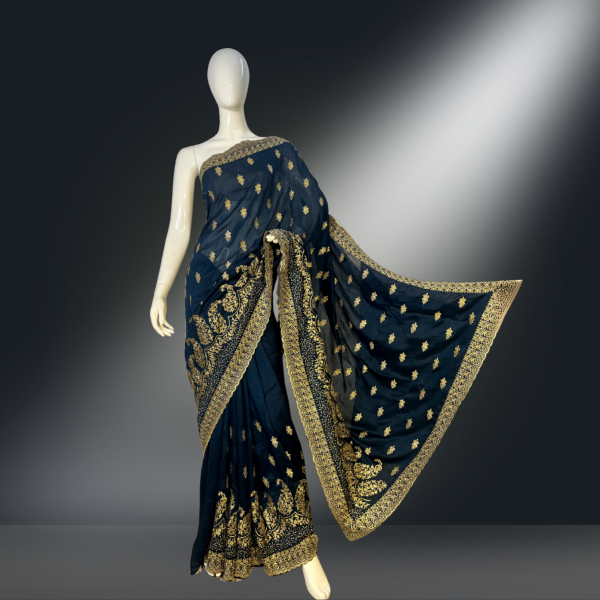 Peacock Blue Satin Chinon Saree
